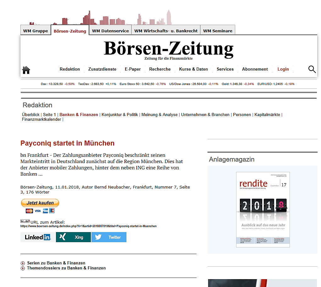 Börsen-Zeitung payconiq Start Januar 2018